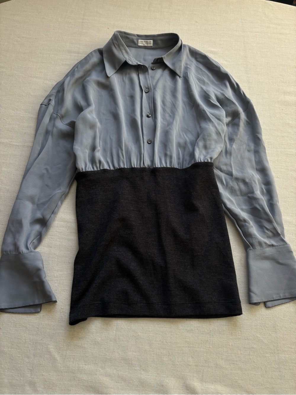 Brunello Cucinelli Silk Virgin Wool Knit Band Blouse Top Grey M Italy $1895